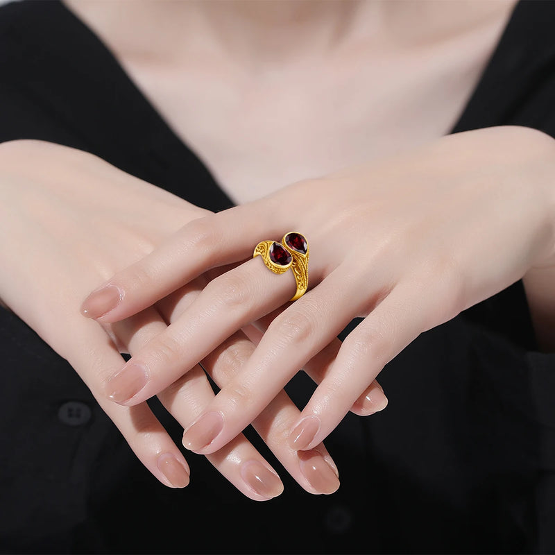 Yellow Gold Red Garnet Teardrop Ring for Women