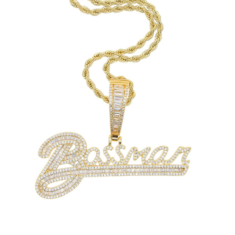 Silver Iced Out Cursive Letters Pendant Necklace with 5A Cubic Zirconia for Men