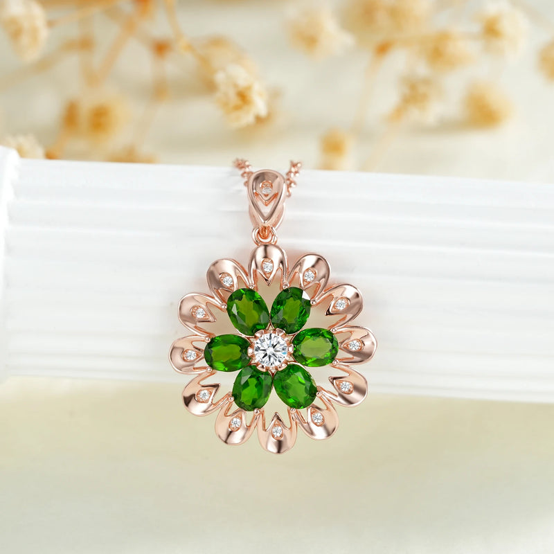 Rose Gold Plated 925 Sterling Silver Flower Pendant Necklace with Diopside Gemstones for Women