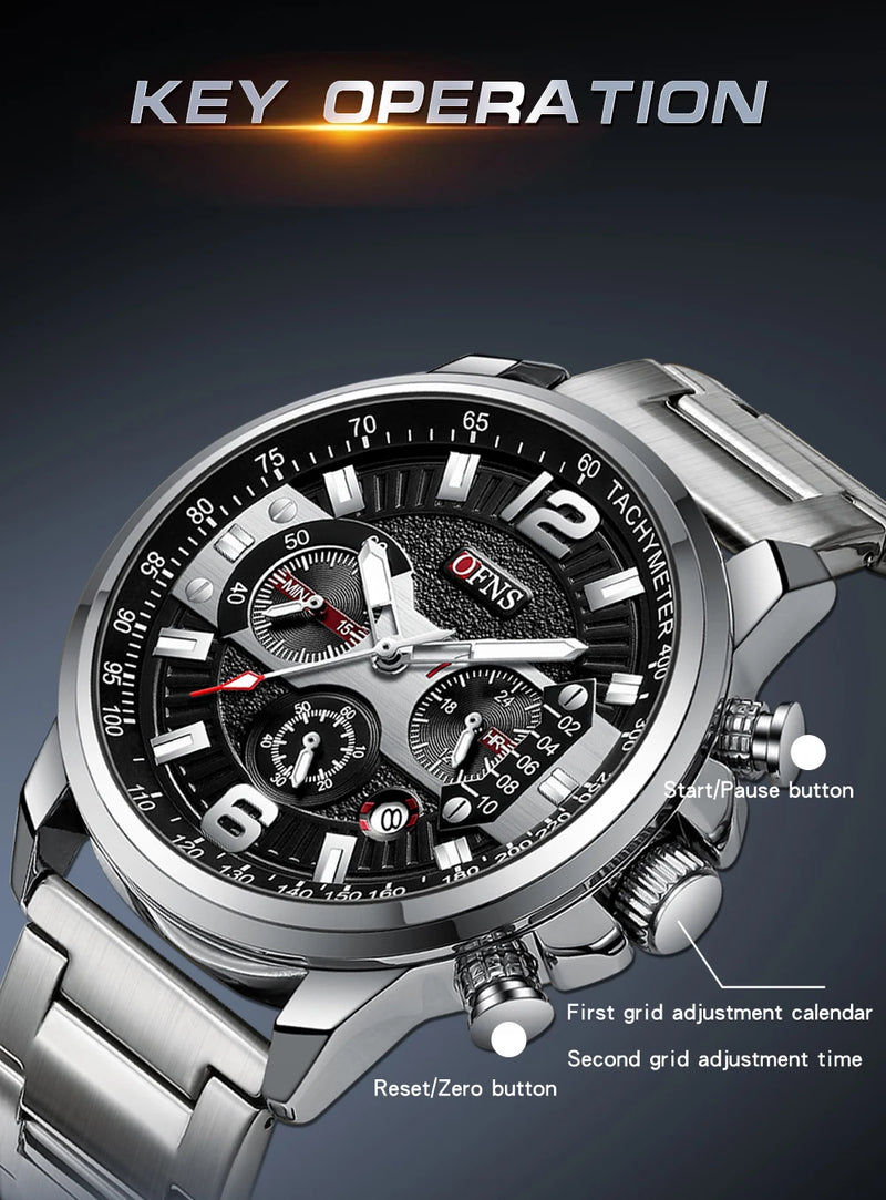 Stainless Steel Classic Multifunction Quartz Automatic Date Chronograph Watch for Men