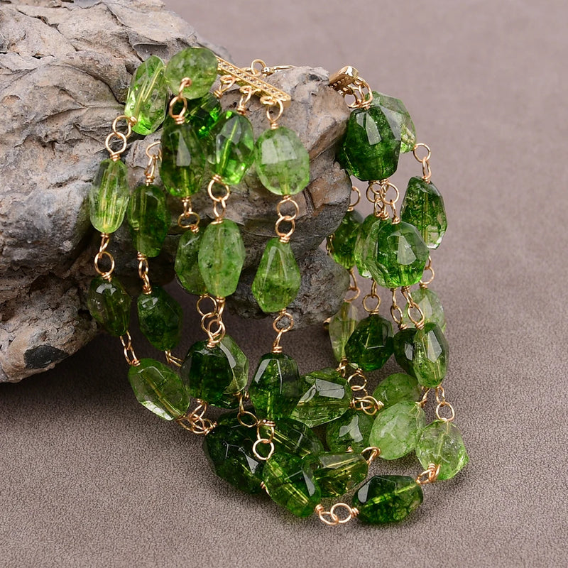 Goldstone 8'' Oval Natural Green Quartz Faceted Freeform Nugget Crystal Chain Bracelet for Women