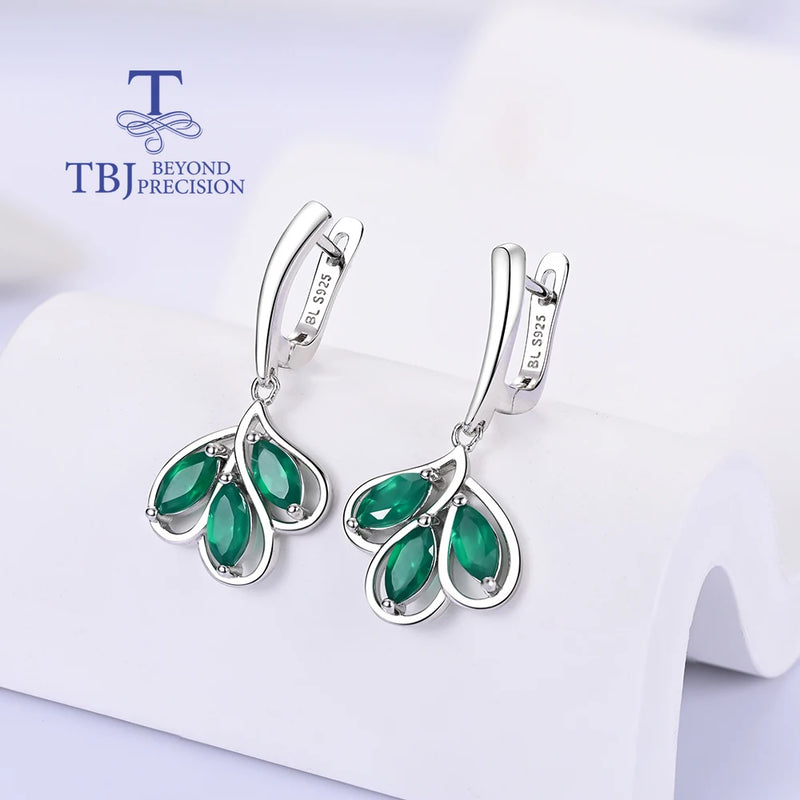 925 Sterling Silver Green Agate Leaf Shape Ring and Earrings Set for Women and Girls