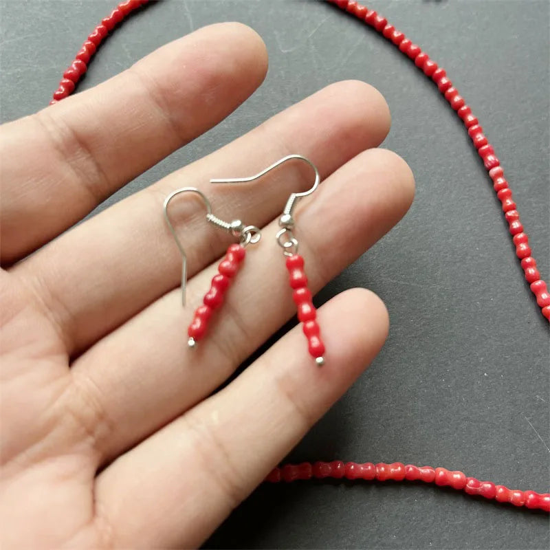 Sterling Silver Bamboo Bone Red Coral Jewelry Set for Women