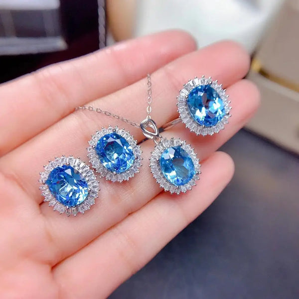 925 Sterling Silver Swiss Blue Topaz Jewelry Set for Women