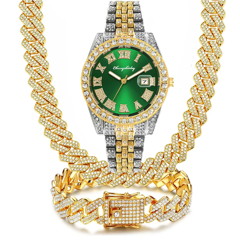 Gold Silver Diamond Iced Out Cuban Chain Watch and Jewelry Set for Men