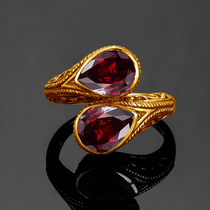 Yellow Gold Red Garnet Teardrop Ring for Women