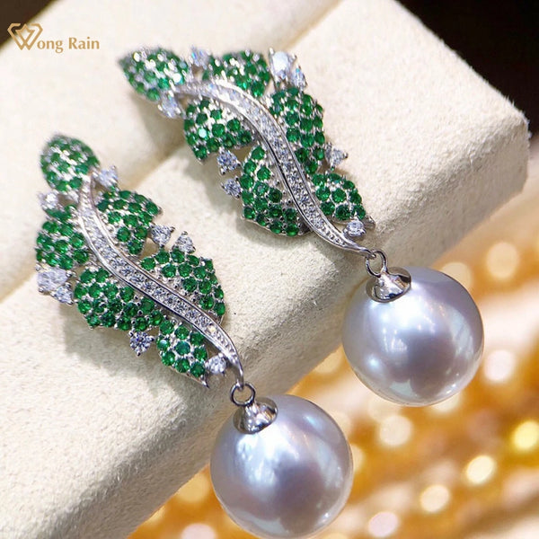 Wong Rain Vintage 925 Sterling Silver 11-12MM Natural Pearl Gemstone Drop Dangle Earrings for Women Customized Fine Jewelry