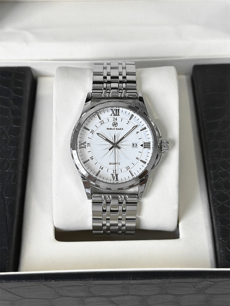 Luxury Silver Stainless Steel Wristwatch with Luminous Display and Waterproof Design for Men