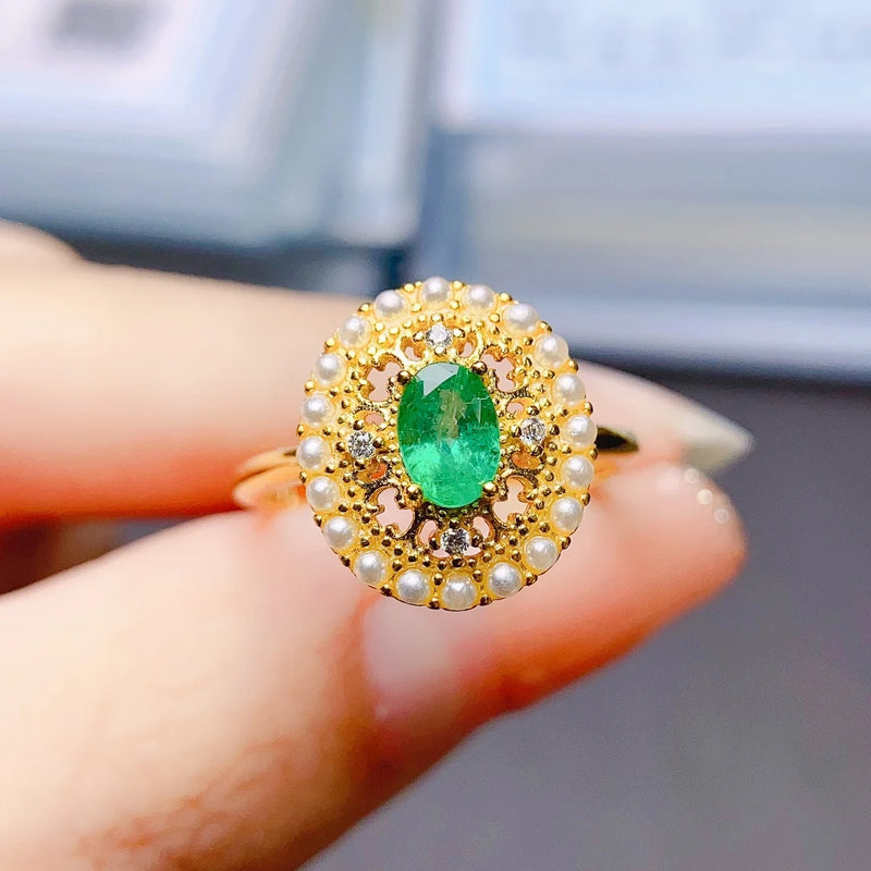 Sterling Silver Natural Emerald Ring for Women