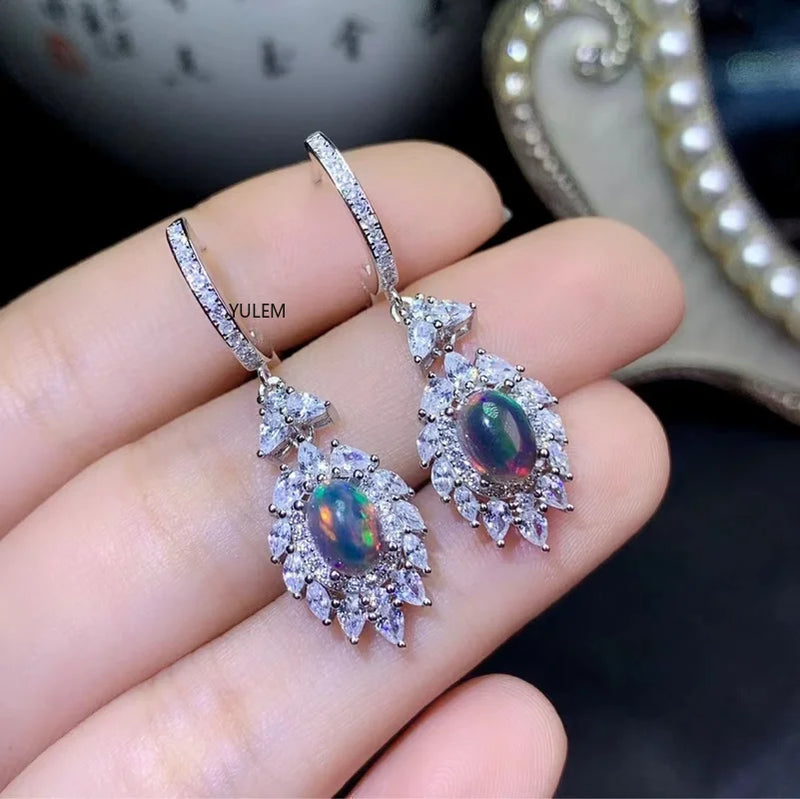 925 Sterling Silver Natural Black Opal Drop Earrings for Women