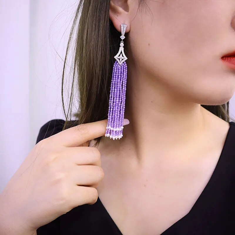 Silver Amethyst Beaded Tassel Earrings for Women