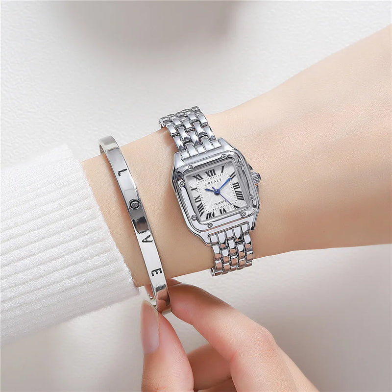 Gold Alloy Square Luxury Quartz Wristwatch with Roman Numerals for Women