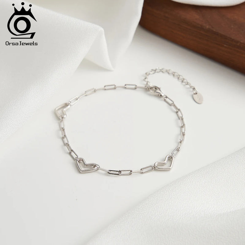 925 Sterling Silver Heart Paperclip Chain Bracelet for Female