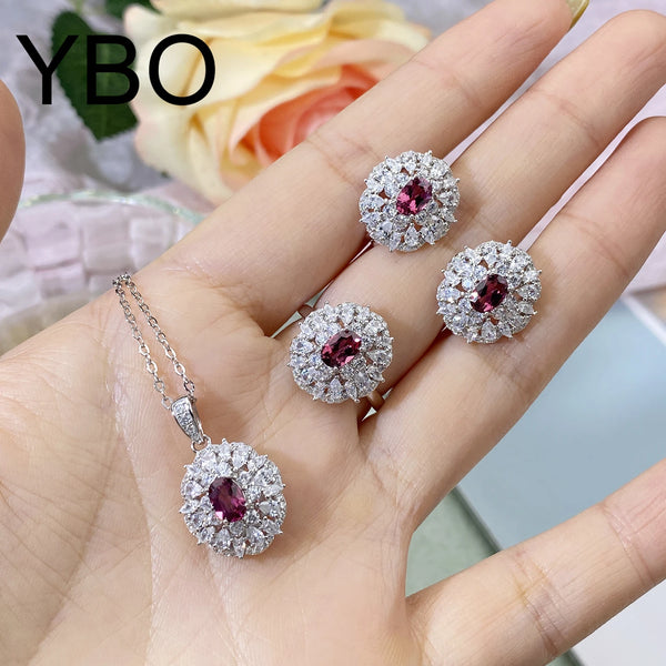 925 Sterling Silver Natural Pyrope Gemstone Cubic Zircon Jewelry Sets for Women