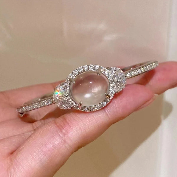 Wong Rain Elegant 100% 925 Sterling Silver Oval 12*14 MM Natural Jade High Carbon Diamond Gemstone Bracelets Bangle Fine Jewelry
