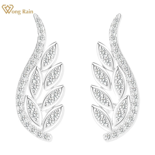 Wong Rain Elegant 925 Sterling Silver Lab Sapphire Gemstone Feather Studs Earrings for Women Jewelry Wedding Gift Wholesale