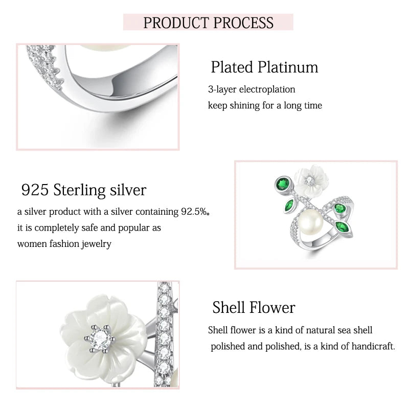 925 Sterling Silver White Shell Flower Ring with Green Zircon & Pearl for Women