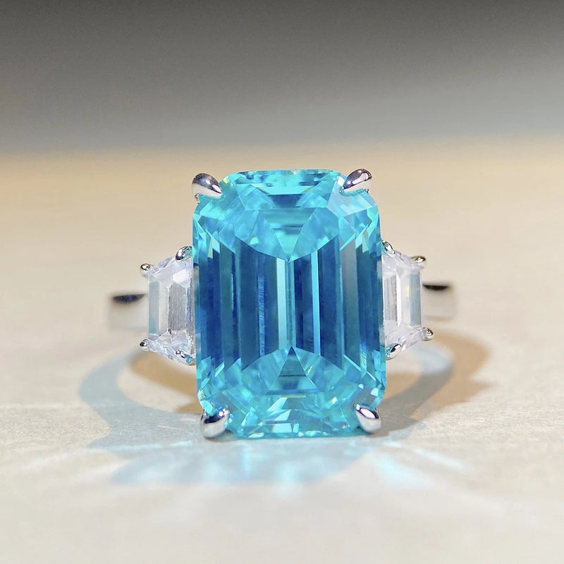 925 Sterling Silver Aquamarine Emerald Cut Ring for Women