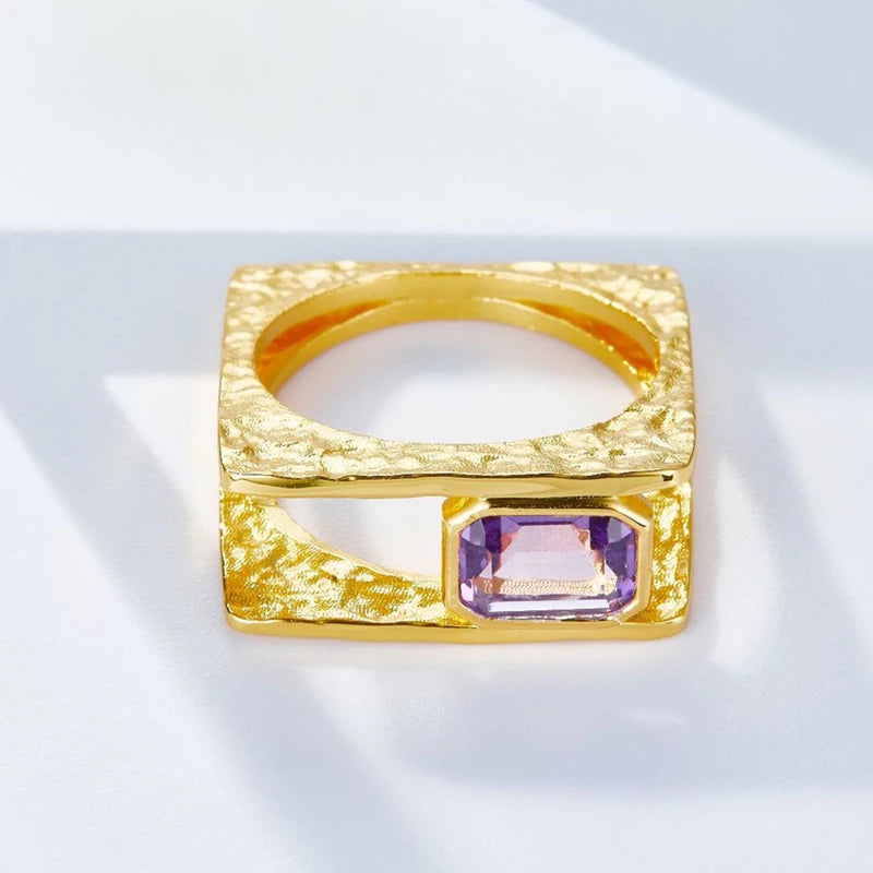 S925 Silver Gold Plated Amethyst Ring for Women