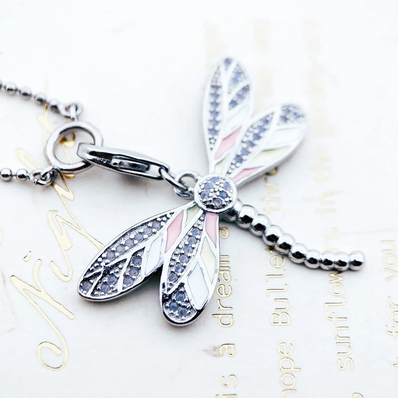 925 Sterling Silver Pink Dragonfly Filigree Necklace for Women