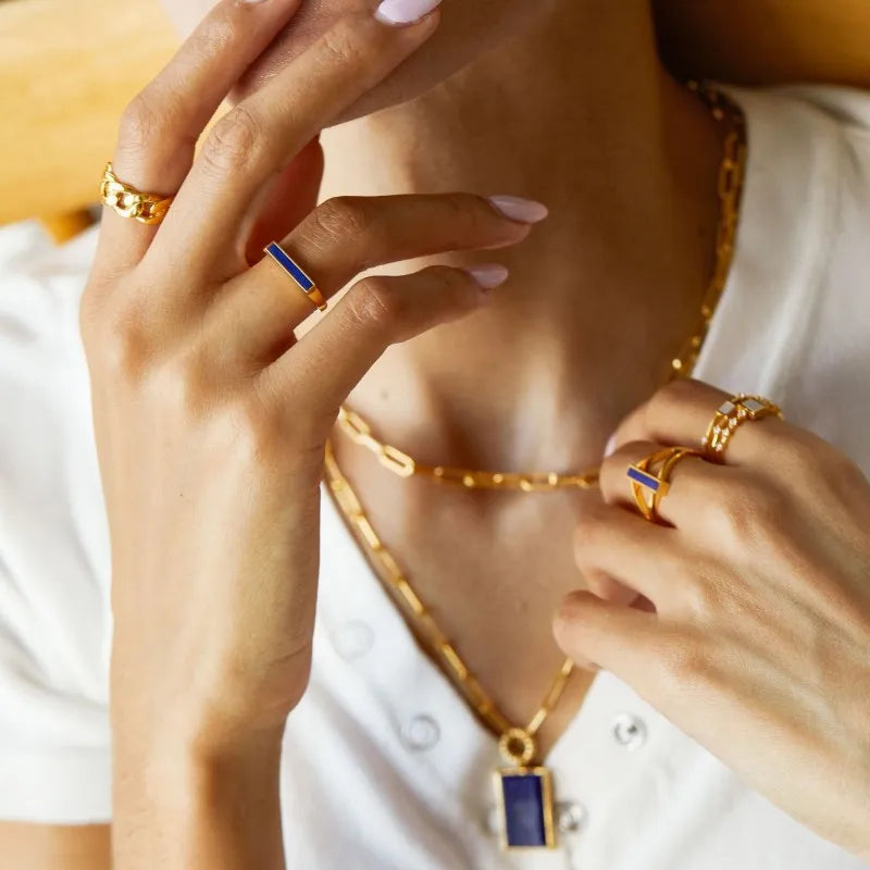 Silver Gold Plated Lapis Lazuli Geometric Ring for Women