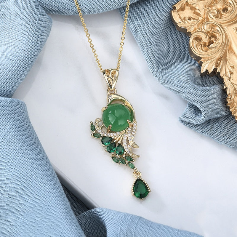 Gold Wind Green Crystal Phoenix Necklace with Chalcedony Pendant for Women