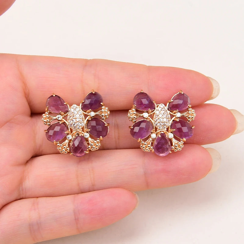 Gold Plated Amethyst Quartz Facetted Zircon Stud Earrings for Women