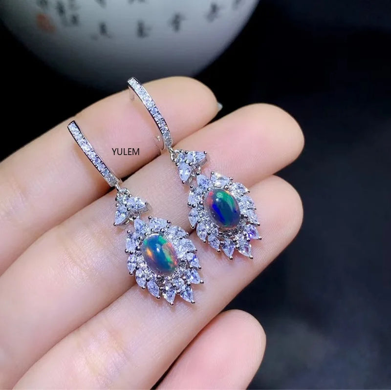 925 Sterling Silver Natural Black Opal Drop Earrings for Women