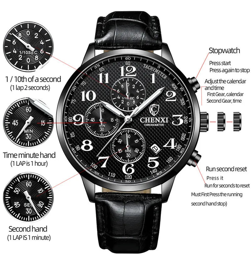 Stainless Steel Leather Chronograph Watch for Men