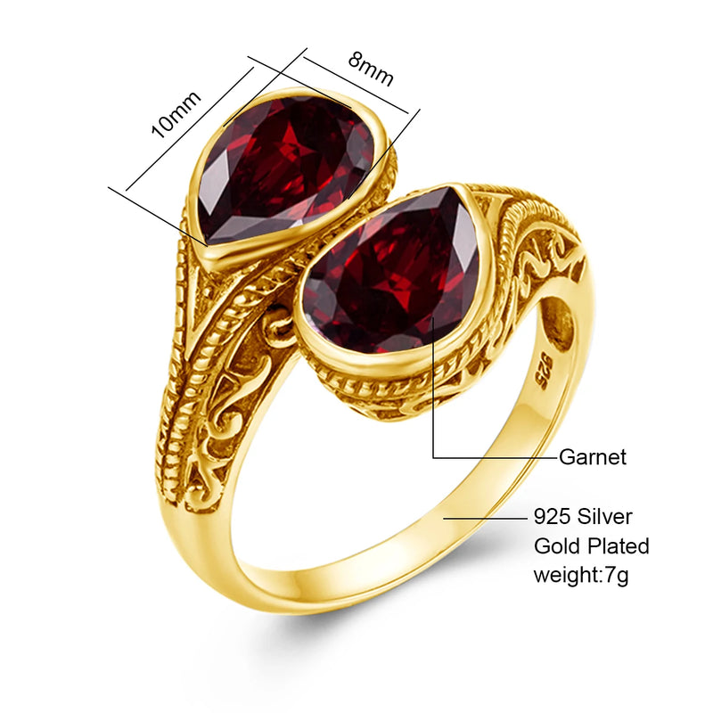 Yellow Gold Red Garnet Teardrop Ring for Women