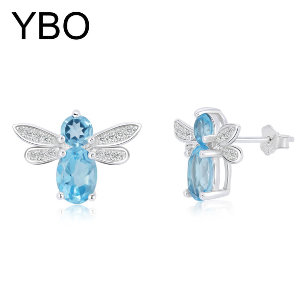 Sterling Silver Bee Stud Earrings with Blue Topaz for Women