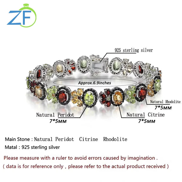 925 Sterling Silver Rhodolite Peridot Citrine Bracelet for Women