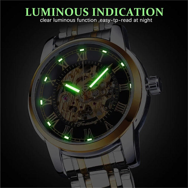 Stainless Steel Mechanical Skeleton Wristwatch for Men