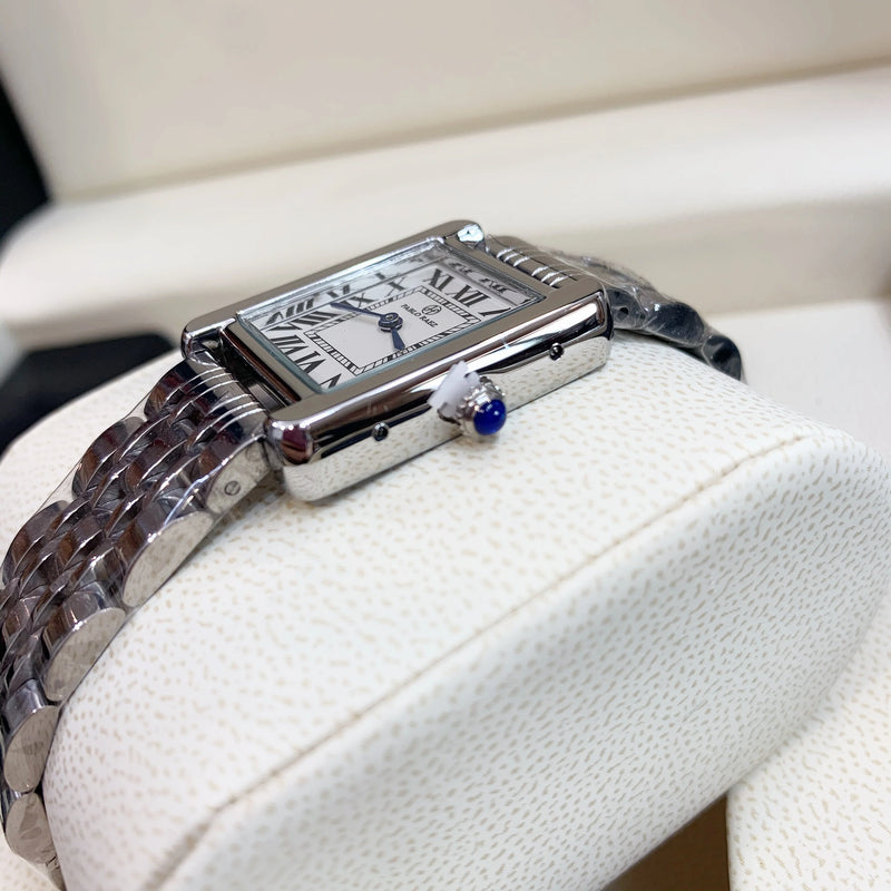 Luxury Square Stainless Steel Watch with Blue Hands & Thin Dial for Women