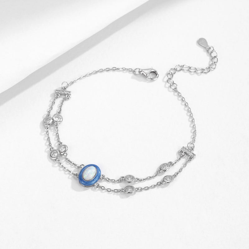 Sterling Silver Double Layer Link Chain Charm Bracelet with Gradient Enamel Oval Opal for Women