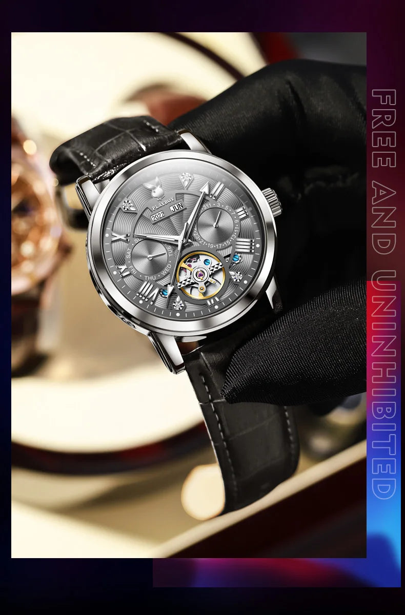 Stainless Steel Leather Strap Waterproof Automatic Men's Watch