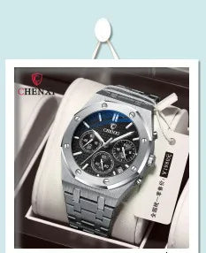 Stainless Steel Quartz Moon Phase Chronograph Watch for Men