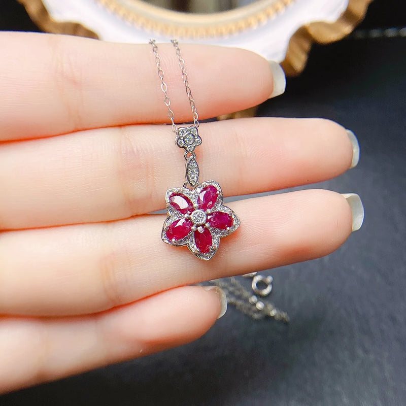 Sterling Silver Natural Ruby Flower Pendant Necklace for Women