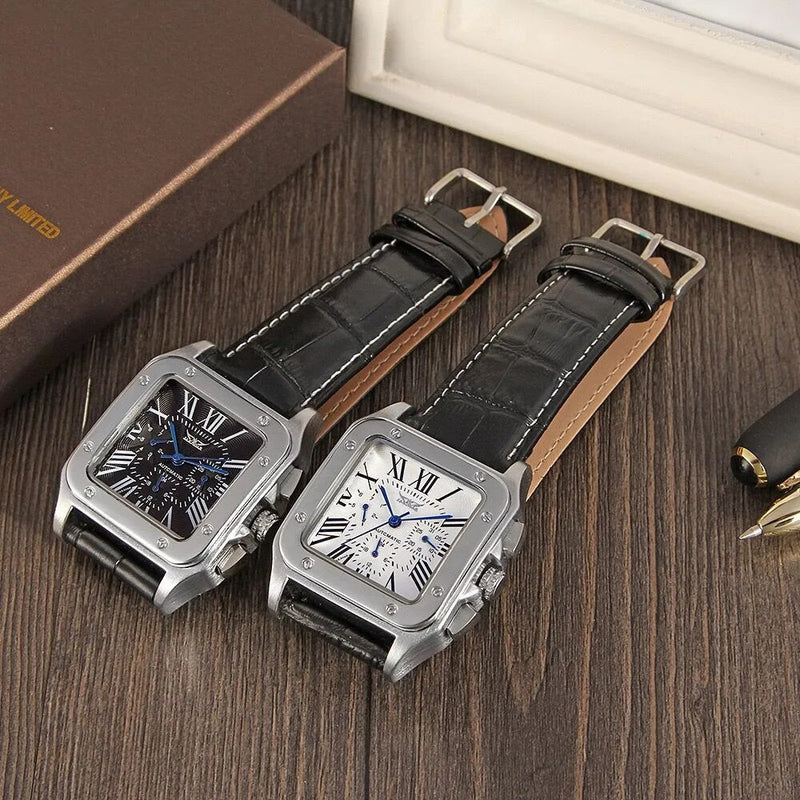 Stainless Steel Leather Strap Automatic Mechanical Watch for Men