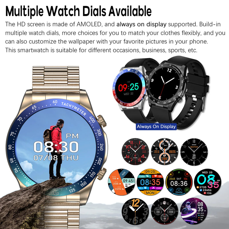 Gold Smart Watch with NFC AMOLED HD Screen Heart Rate Monitor and Bluetooth Call for Men & Women