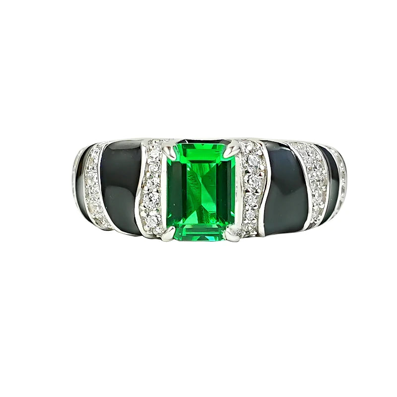 925 Sterling Silver Emerald Ring with Diamond Accents, Zebra Pattern, Retro Style for Women