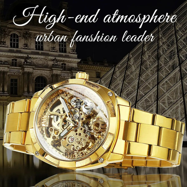 Stainless Steel Square Skeleton Automatic Watch with Engraved Movement for Men