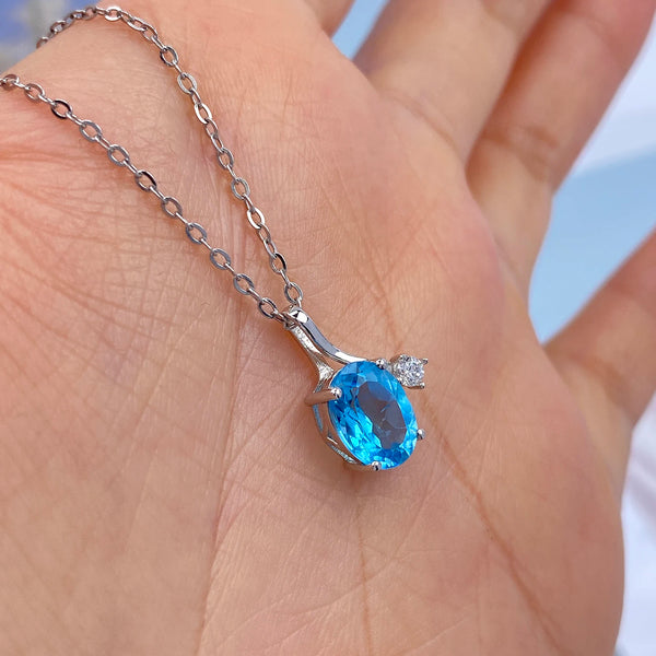 Sterling Silver 925 Natural Oval Blue Topaz Pendant Necklace for Women