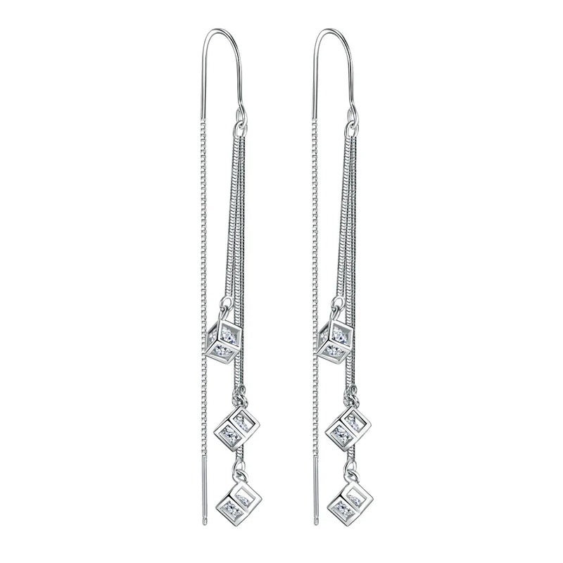 925 Sterling Silver Square Crystal Drop Earrings for Women