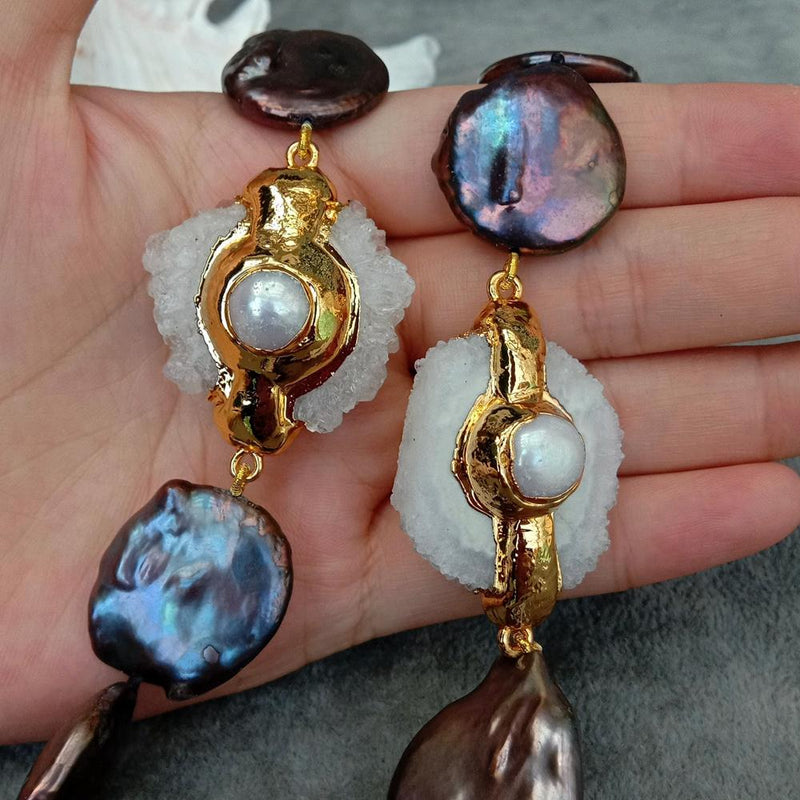 Sterling Silver Cultured Black Keshi Pearl and White Quartz Slice Clasp Necklace for Women