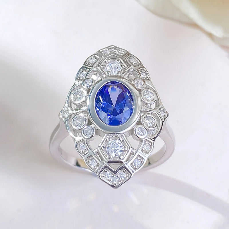 925 Sterling Silver Oval Cut Sapphire Ring for Women