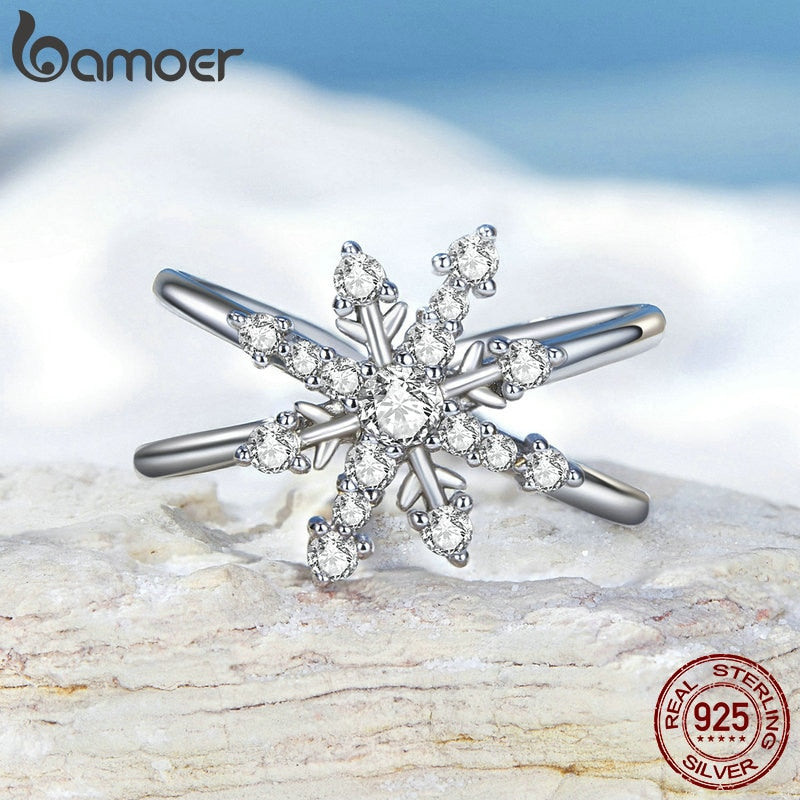 925 Sterling Silver Fantasy Snowflake Opening Geometric Adjustable Ring for Women