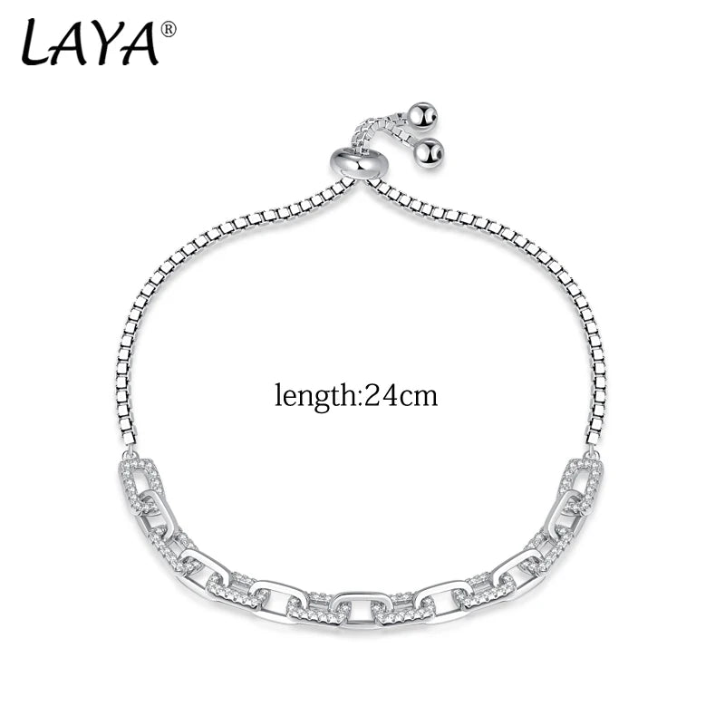 925 Sterling Silver Adjustable Chain Link Bracelet with Shining Zircon Stones for Men and Women