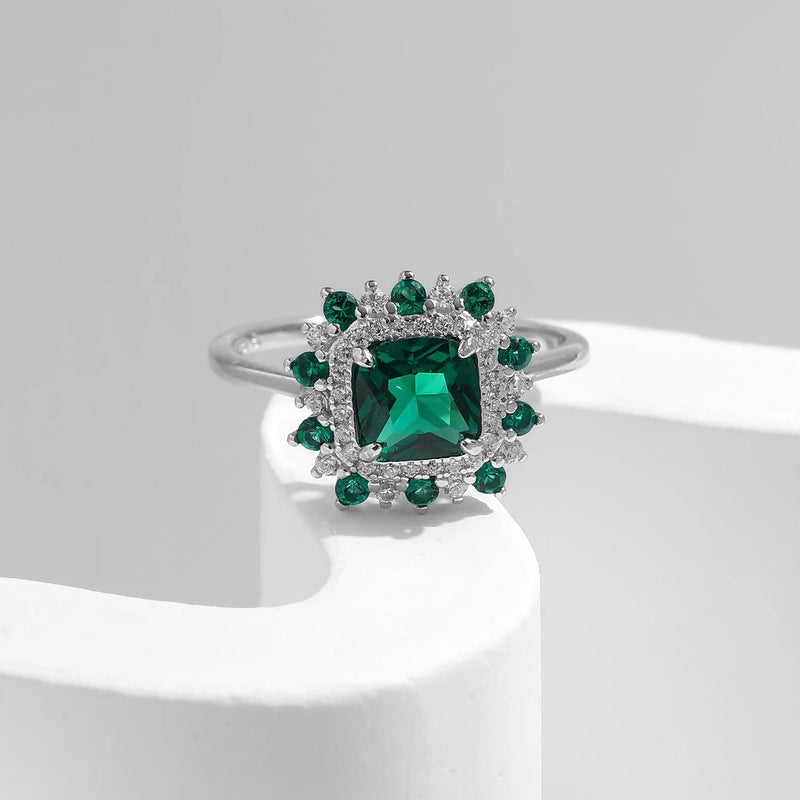 Sterling Silver Green Zirconia Square Ring for Women