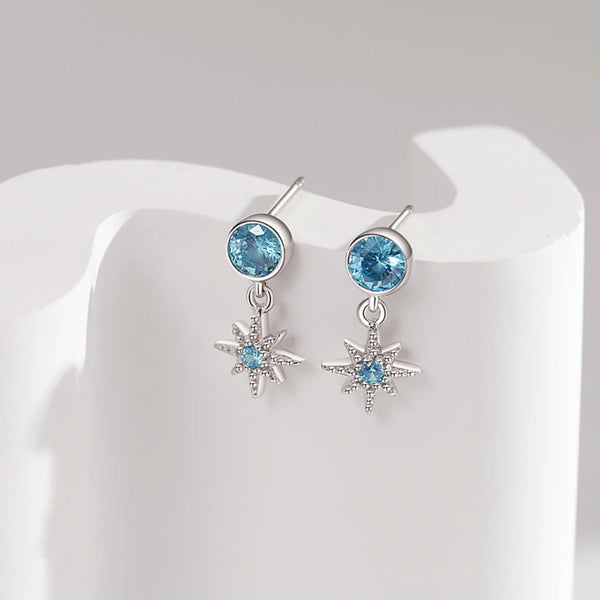 Sterling Silver Sea Blue Gemstone Octet Dangle Earrings for Women